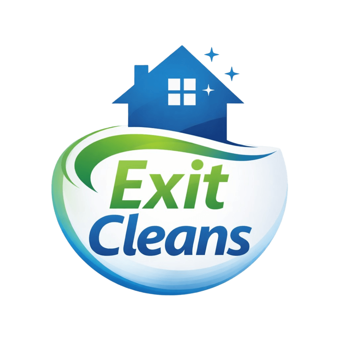 Exit Cleans logo featuring a blue house icon with windows and sparkles, emphasizing professional cleaning services for end-of-tenancy in the Bay of Plenty region.